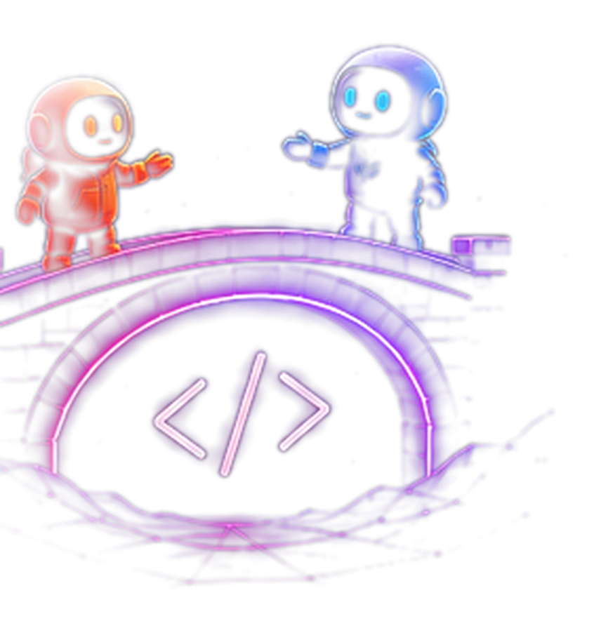 Two builders meeting on a glowing bridge